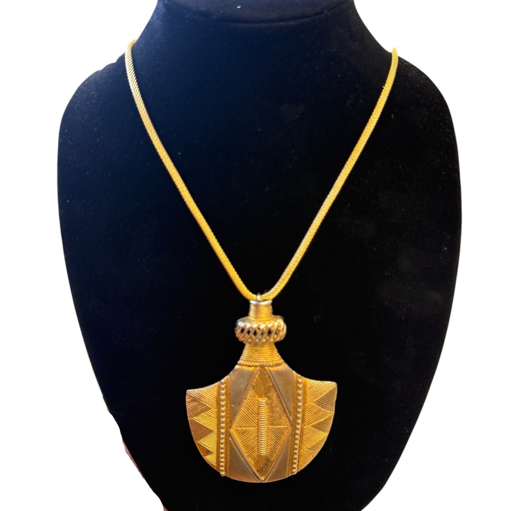1980s African Inspired Tribal Shield Pendant Necklace Gold Tone Statement